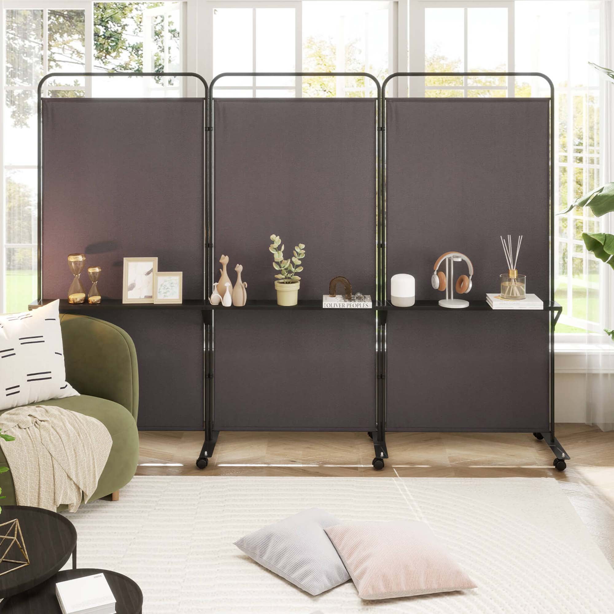 Costway 3-Panel Room Divider with Storage Shelves 6FT Tall Folding Privacy Screen on Wheels Brown