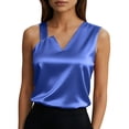 thumbnail image 2 of Otntypg Women's Silk Satin Camisole Tank Tops Trendy Solid Color Dressy Casual V Neck Pleated Sleeveless Tunic Blouses Summer Business Work Shirts Blue XXL, 2 of 9