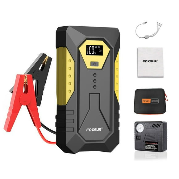 FOXSUR Démarreur Multifonctionnel avec Pompe à Compresseur d'Air 600A Peaks Booster de Batterie (pour Moteurs Diesels 6.0L Essence Ou 5.0L) avec Lumière LED Double Sortie USB