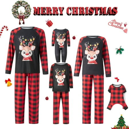 

Christmas Family Matching Pajamas Sets Deer Print Raglan Tops Plaid Pants Xmas Holiday Sleepwear Loungewear Jammies Pjs Outfit