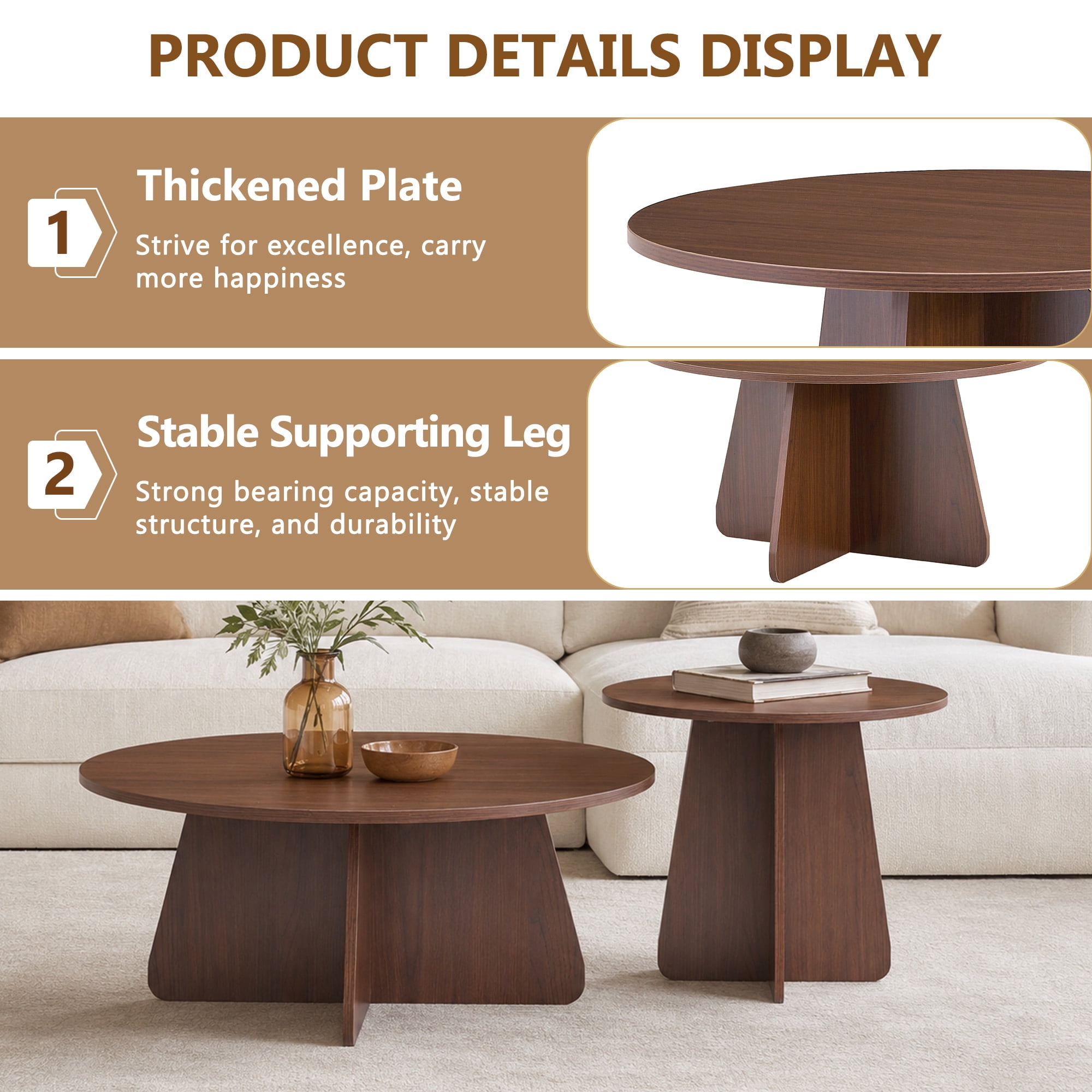 Retro-Style Nesting Coffee Table Set, Available In Walnut Or Natural Wood Finishes, Round Nesting Side Tables With Crisscross Legs, Ideal For Living Rooms And Dining Rooms