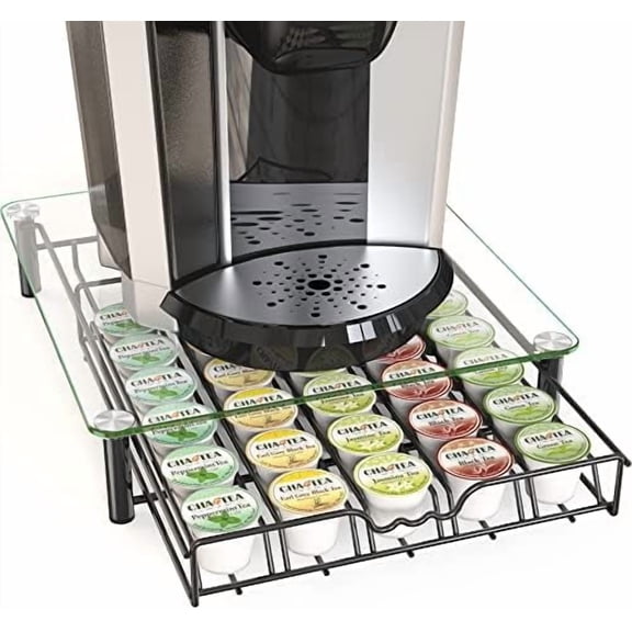 Crystal Tempered Glass K-Cup Holder Drawer for 30 Coffee Pods Storage, Black