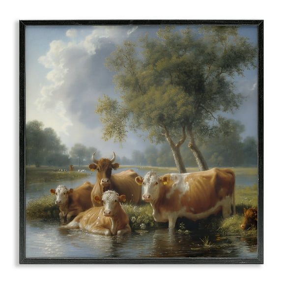 Stupell Industries Cow Family Charming Scene Animals Painting Black Framed Art Print Wall Art, 12 x 12