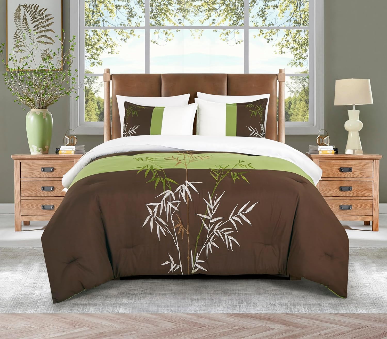 Chezmoi Collection Simon 7-Piece Bamboo Embroidered Bed in a Bag Comforter Set King Size, Sage Green Brown Ivory Bamboo Grass Microfiber Comforter Bedding with Sheet Set