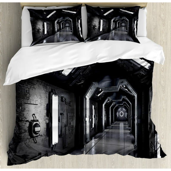 Ambesonne Space Duvet Cover Set, Dark Future Adventure, King, Greenish Grey