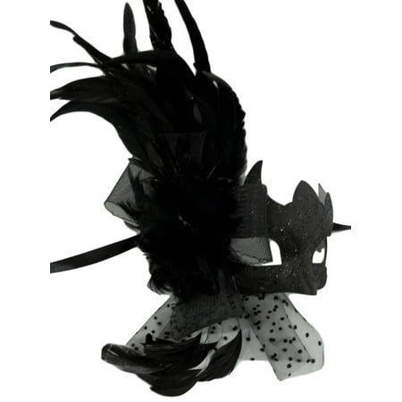 Black Net Dot Fancy Feather Flower Masquerade Party Mardi Gras Mask