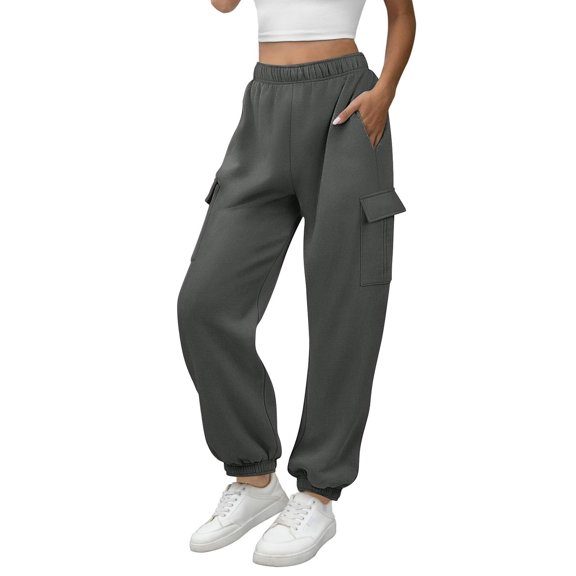 Woemn's Sweatpants Elastic Waist Loose Solid Cuffed Cargo Joggers with Pockets Dark Gray M