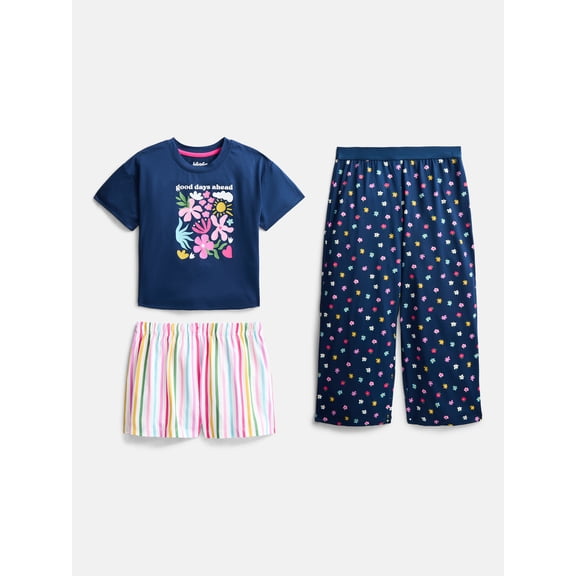 Wonder Nation Girls Graphic Tee with Shorts and Pants Pajama Set, 3 Piece, Sizes 4-18