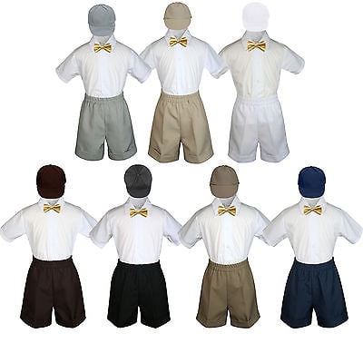 

4pc Set Boy Toddler Formal Mustard Bow Tie White Navy Khaki Shorts + Hat S-4T