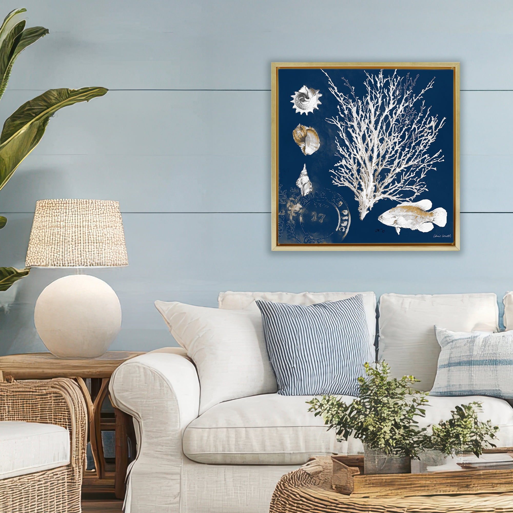 Stupell Industries Coral Medley on Navy Gold Framed Floater Canvas Wall Art, design by Lanie Loreth