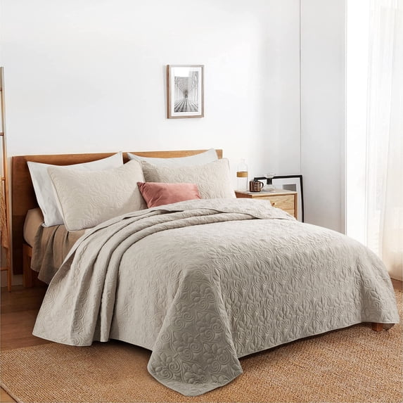 UNIKOME Lightweight 3 Piece Microfiber Coverlet Set Quilted Design, Khaki, Full/Queen