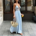 thumbnail image 4 of Miluxas Women's Sleeveless Halter Maxi Dress Trendy Vertical Striped Backless Smocked Dress Summer Casual Boho Style Beach Travel Outfits Blue, 4 of 8