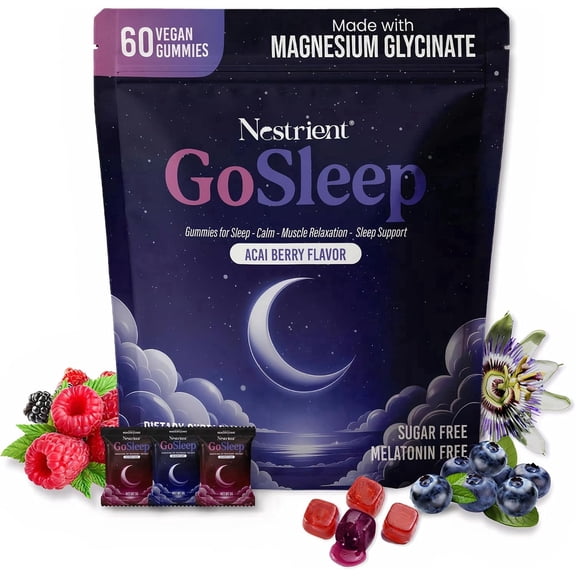 Nestrient GoSleep Magnesium Glycinate Gummies for Sleep Support & Relaxation, Melatonin-Free - Acai Berry, 60 Gummies