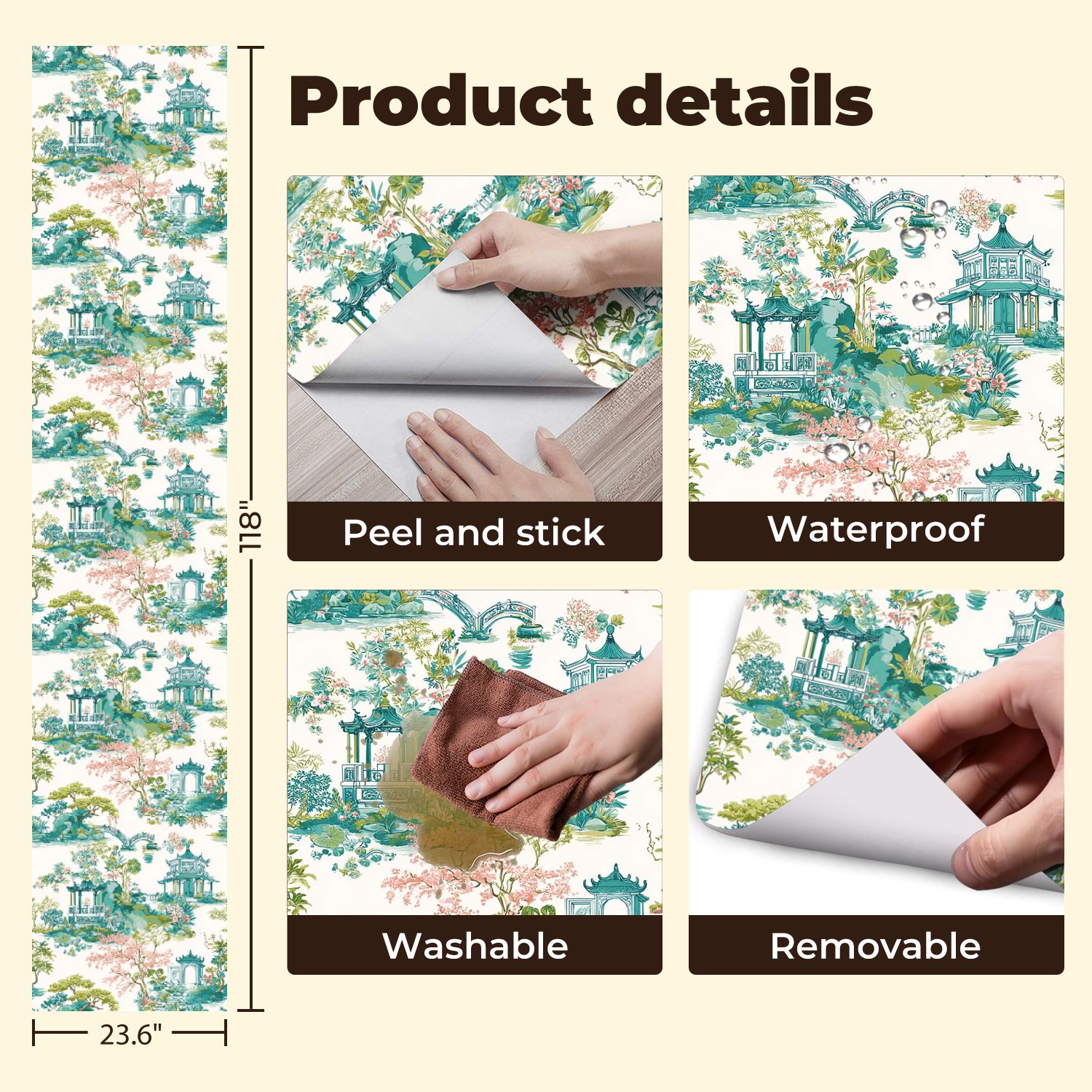 Peel and Stick Wallpaper 23.6in x 9.8ft Chinese Garden Landscape Pagodas Bridges Floral Motifs Contact Paper Vinyl Self-Adhesive Removable Wall Paper for Bedroom Kitchen Cabinet Renter Friendly