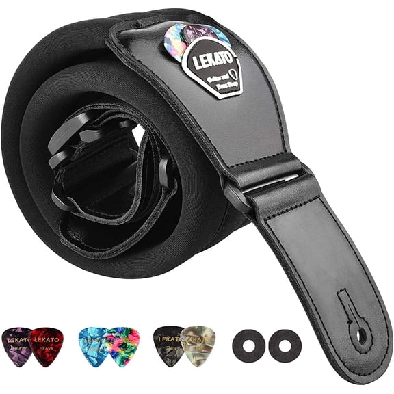 LEKATO Bass Guitar Strap for Electric Guitar & Bass 3" Wide Guitar Straps Padded Bass Guitar Strap Adjustable Length from 38" to 47" Bass Guitar Straps with Pick Holder 2 Safety Strap Locks & 6 Picks