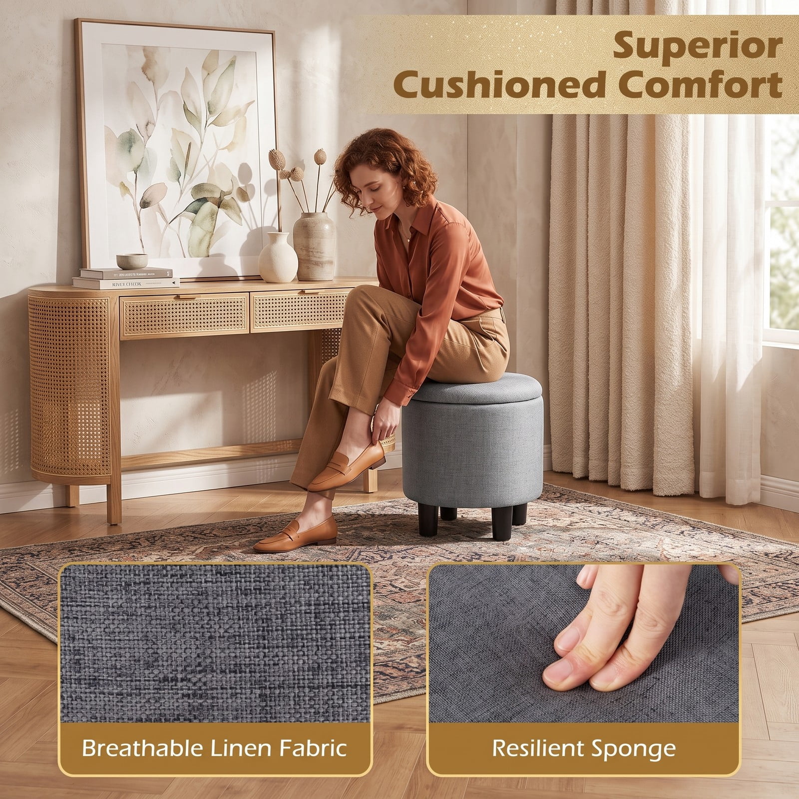 Furnibear Round Storage Ottoman, Linen Fabric Upholstered Footrest Stool with Reversible Lid, Padded Storage Bench Vanity Seat Side Table for Living Room Bedroom, Gray
