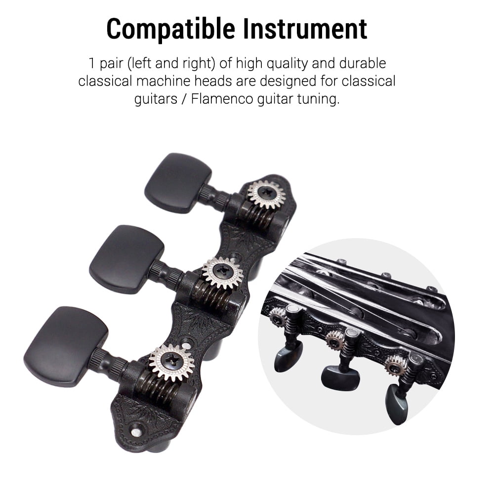 Carevas 1 Pair 1:18 Black Classical Guitar Tuners Machine Heads Tuning Pegs for Classical Guitar or Flamenco Guitar