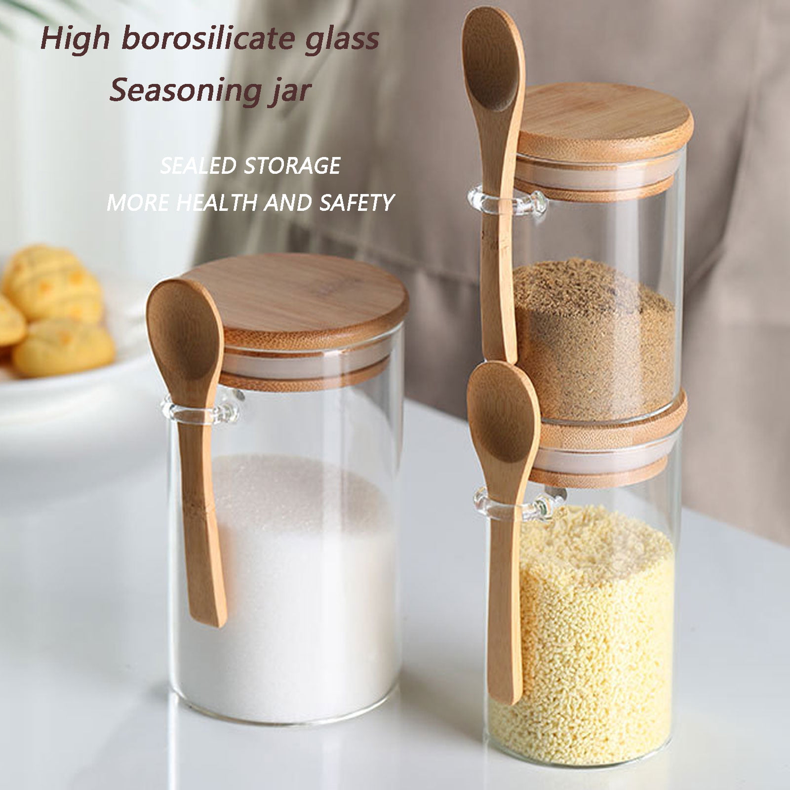 2x 450ml Clear Food Sealed Storage with Bamboo Lids & Spoons Glass