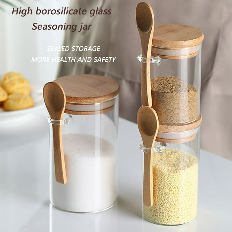 15Oz/450ML Clear Glass Storage Canister with Wooden Spoon, Airtight Bamboo  Lid Sealed Glass Kitchen Food Container Jar with Scoop for Bath Salt  Holder,Sugar,Spice,Coffee,Matcha Tea,Condiment,Pepper 