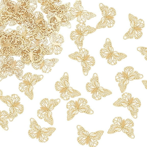 60Pcs Butterfly Filigree Charms 18K Gold Plated Charm Etched Metal Embellishments Small Stainless Steel Pendant for DIY