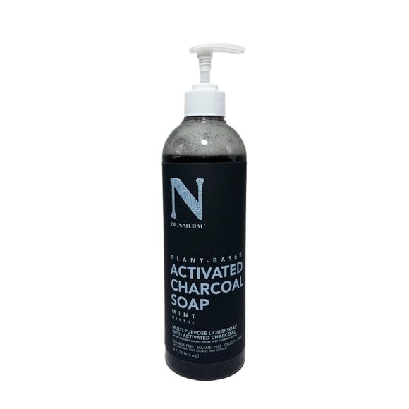 Dr. Natural Jabón Líquido Carbón Activado con Extracto de Aceite de Menta 473 ml. Cara y Cuerpo. 100% Orgánico. Acción Exfoliante Reduce Poros y Grasa. Todo Tipo Piel. Hipoalergénico.