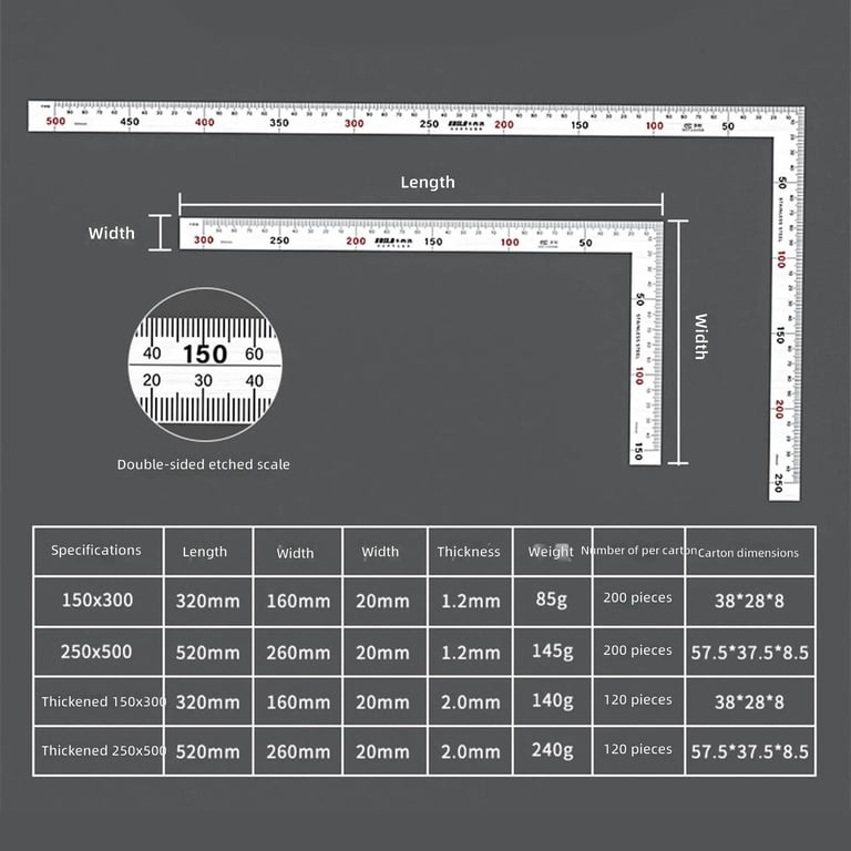 Carpentry Measuring Square Stainless Steel L Ruler with Etched Scale ...