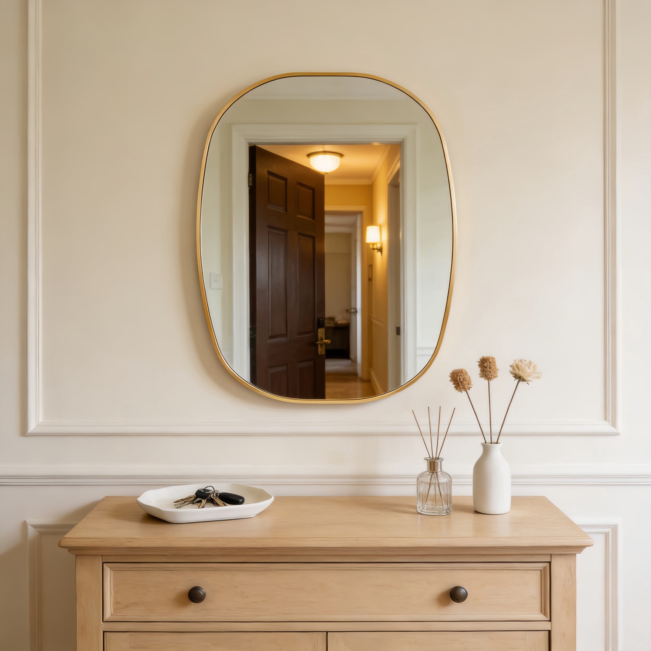 Noble House 24"x32" Unique Metal Framed Oval Wall Mirror, Modern Oblong Vanity Mirror for Bathroom & Entryway, Gold