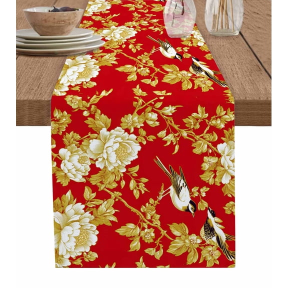 Yellow Red Flowers Table Runner 72 Inches, Luxury Spring Floral Birds Bed Runner Dresser Scarves Tabletop for Indoor Outdoor Parties/Ceremony/Banquet, 18" x 72"