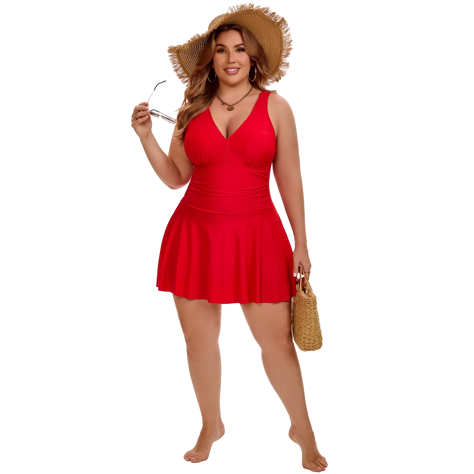 DARING DIVA Women's Plus Tummy Control Summer Beach Swimdress 2X Red
