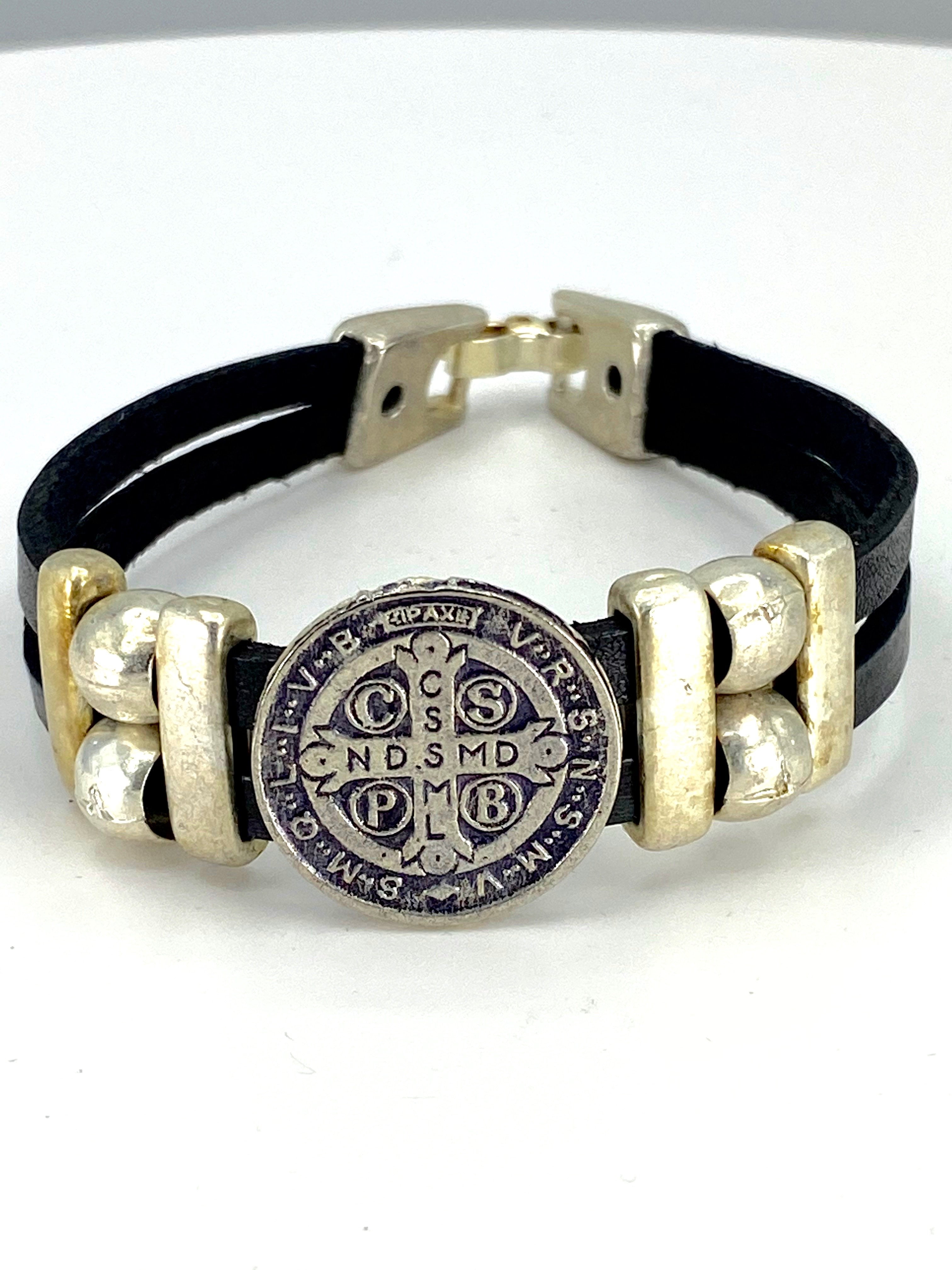 The Faith Gift Shop Vintage St. Benedict bracelet handmade jewelry with Double Leather Straps