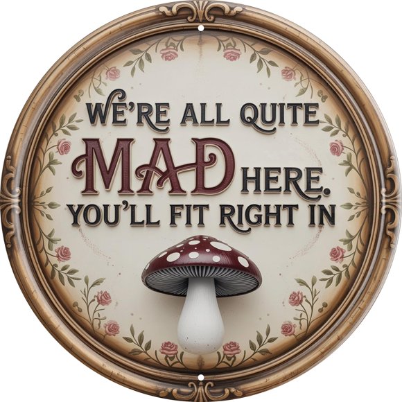 Awiszzz We'Re All Mad Here - Placa Literaria Redonda De 8.0 X 8.0 In, Para Decoración De Pared De Biblioteca, Regalo De Alicia
