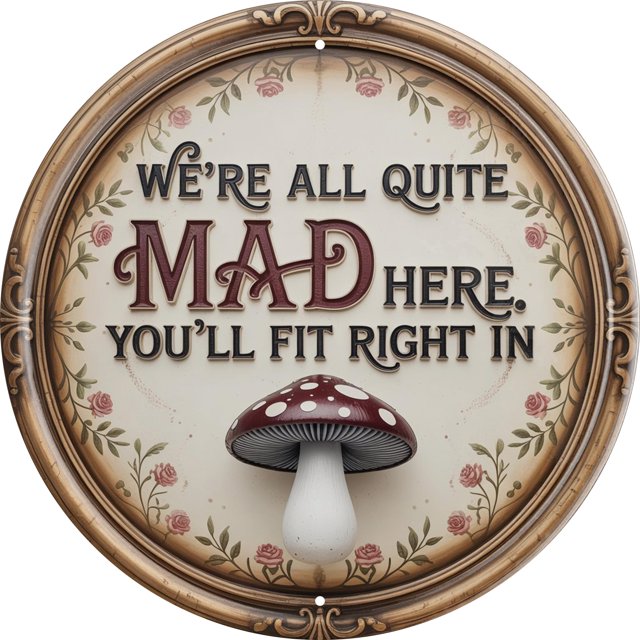 Awiszzz We'Re All Mad Here - Placa Literaria Redonda De 8.0 X 8.0 In, Para Decoración De Pared De Biblioteca, Regalo De Alicia
