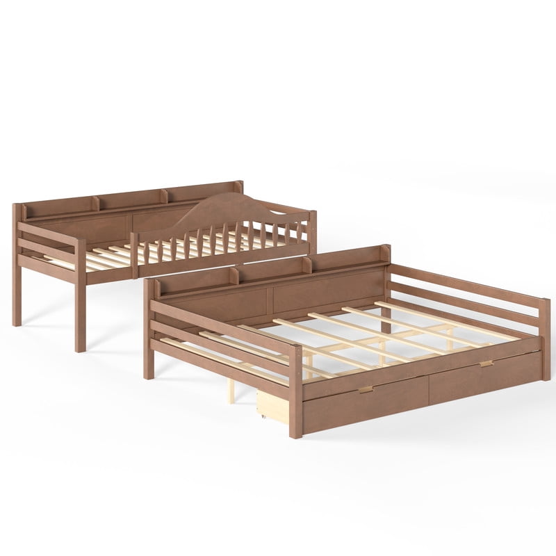 Twin XL-Over-Queen Wood Bunk Bed with Curved Guardrail & Ladder, Chic Kids Storage Bed Frame with Drawers & Bedside Shelves