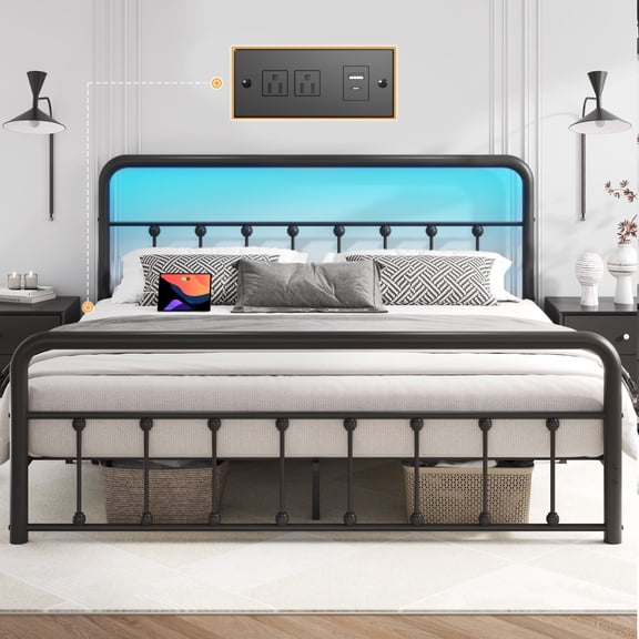 Lifezone Queen Bed Frame, Classic Metal Platform Bed Frame, with Charging Station and LED, No Need for Springs, Black