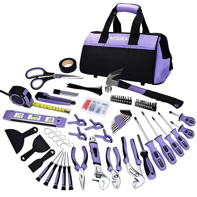 Juego de herramientas ACOSEA de 223 piezas con bolsa morada abierta de 33 cm de ancho