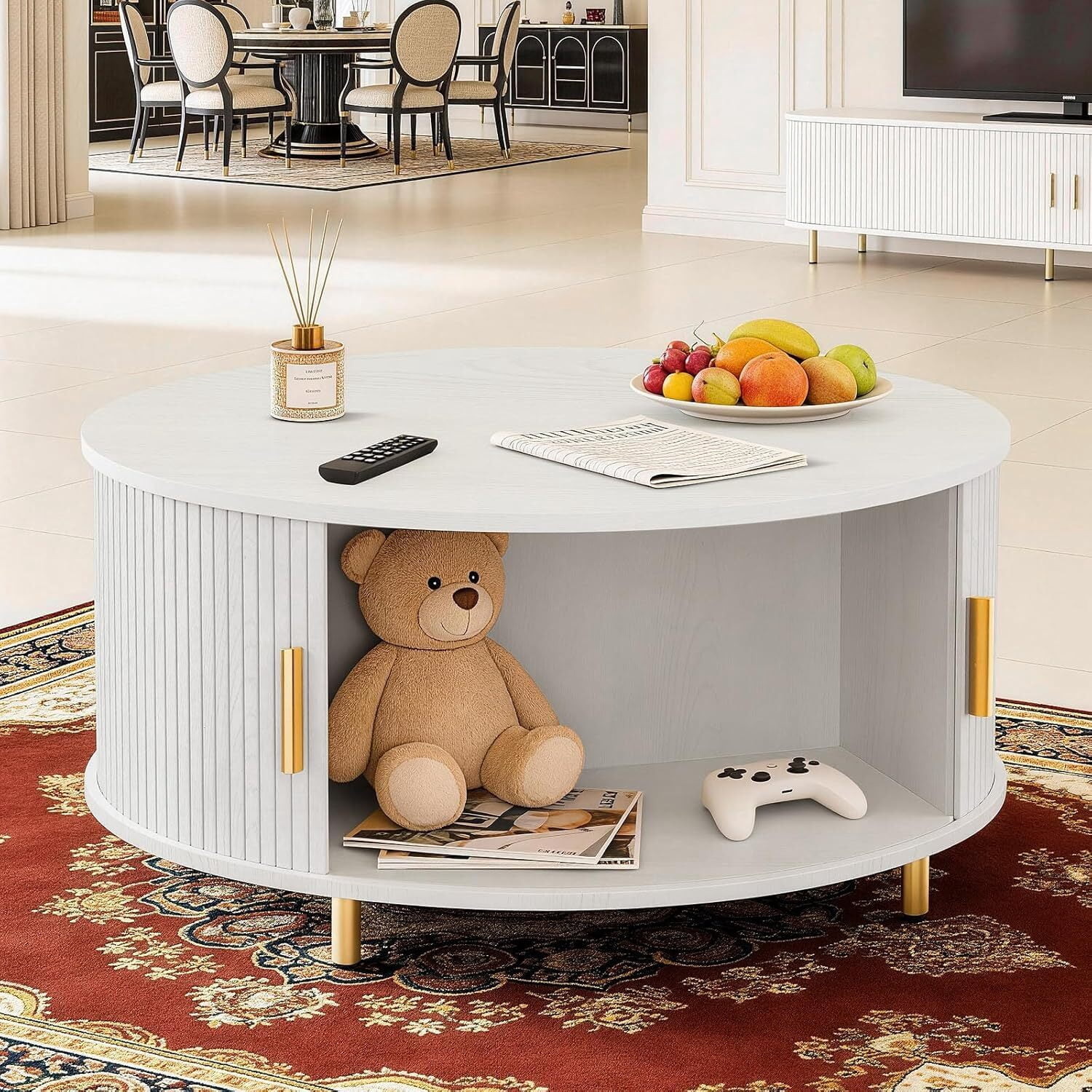 avobird 31.5" Round Coffee Table with Storage, Fluted Wood Accent Center Table with 360° Curved Sliding Door & Adjustable Footpads for Living Room, White