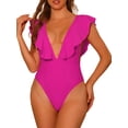 thumbnail image 1 of Traje de baño de una pieza para mujer, con escote en V, con volantes, monokini, control de abdomen, color rosa caliente, talla XS, 1 of 5