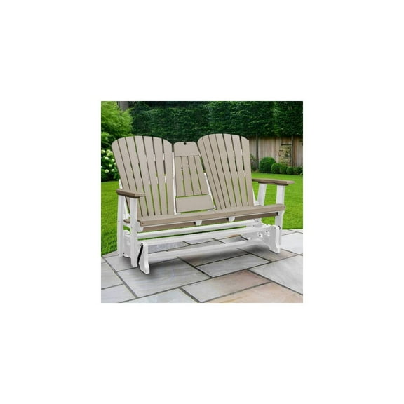 2-Seat Fan Back Glider Bench with Table & Cup Holders - Weatherwood & White Outdoor Seating