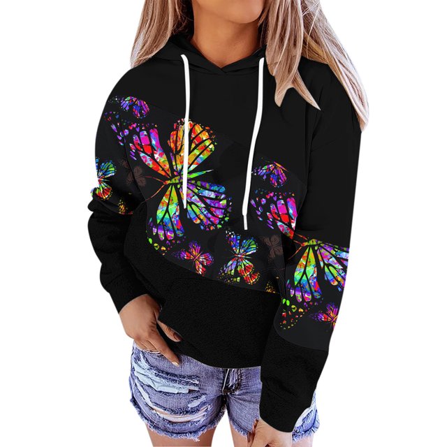 MPWEGNP Sweat à Capuche pour Femmes, Imprimé Patchwork, Manches Longues, Blouse Décontractée, Design Graphique, Noir