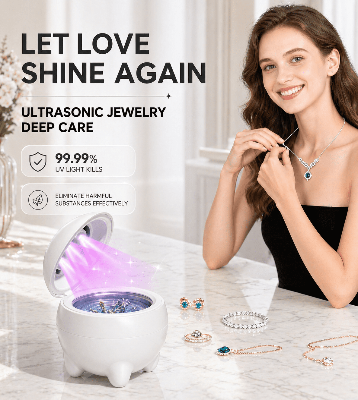 Ultrasonic Retainer Cleaner Machine, 45kHz Dental Pod for Dentures, Aligners & Night Guards, Ultrasonic Jewelry Cleaner with 4 Modes, Low Noise, White