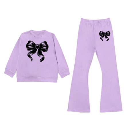 XEGLSBU Valentines Outfit Toddler Girl Girls Long Sleeve Crew Neck Top and Flare Pants with Bow Print Casual 2Pcs Outfit for Toddler Light Purple Size 9-10 Years