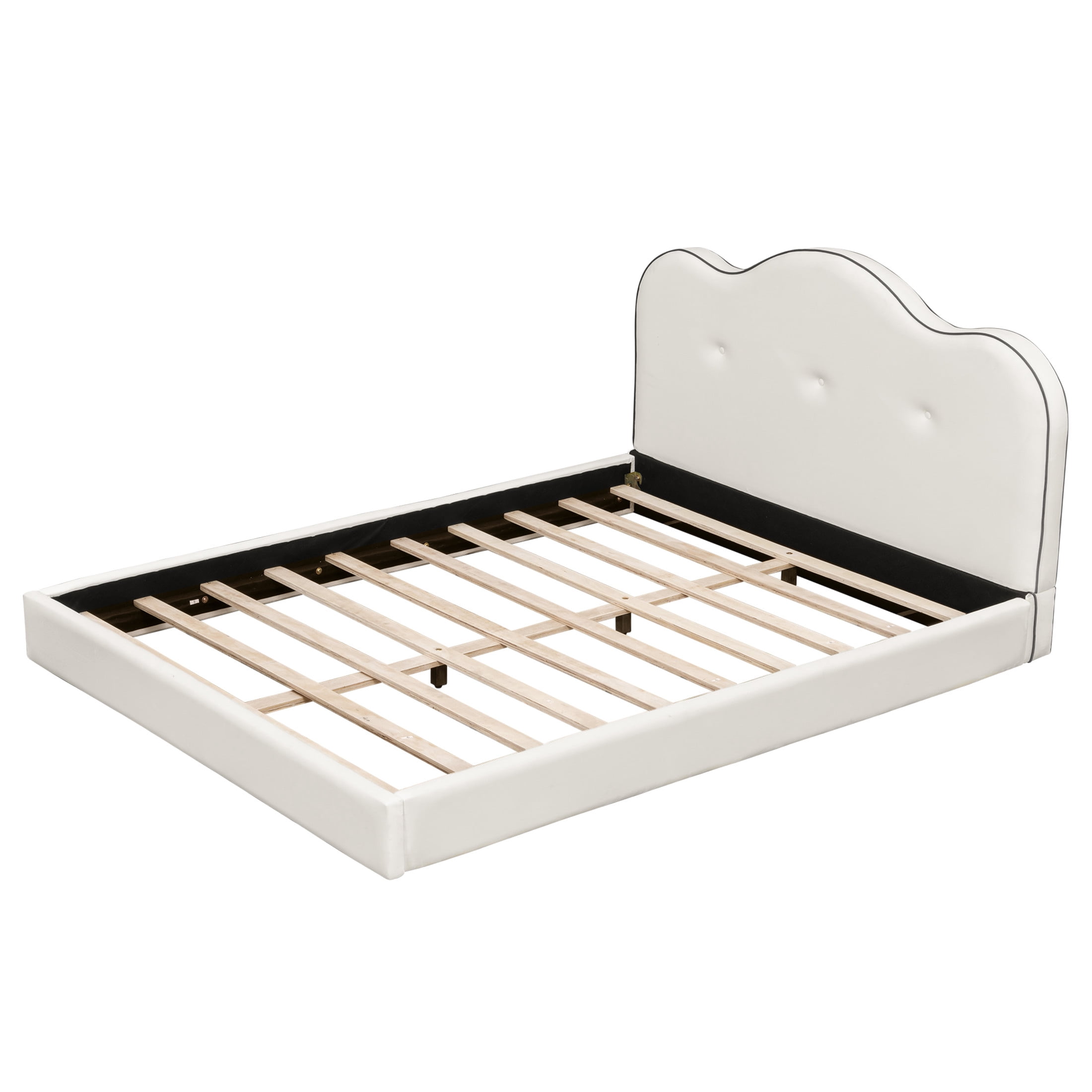 Noble House Zahra Queen Size Velvet Upholstered Platform Bed, Pine Wood Bed Frame with Foam Headboard, Beige