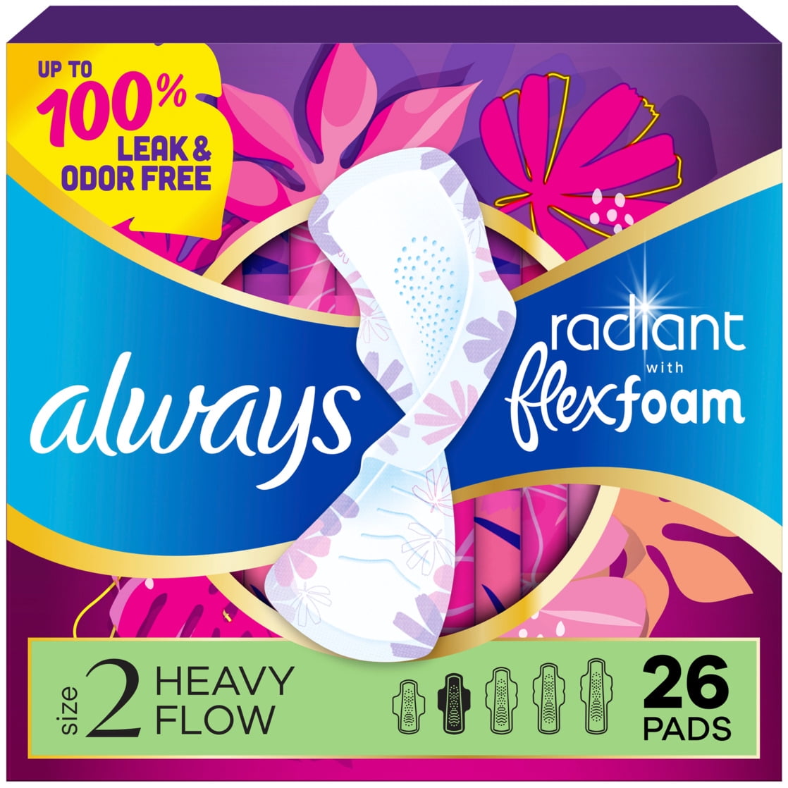 (3 pack) Always Radiant with FlexFoam Pads, Size 2, Heavy, with Wings, Unscented, 26 Count