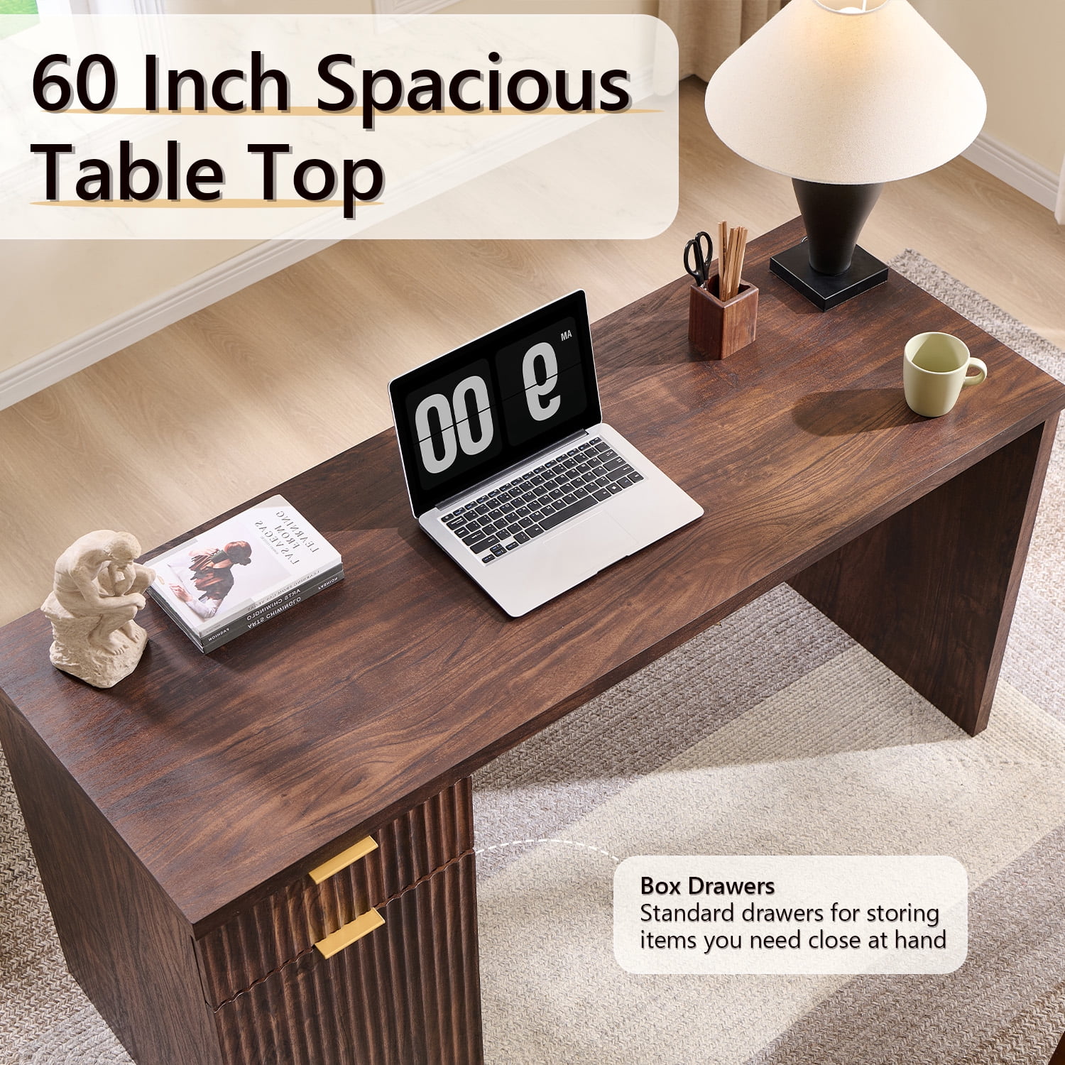 IFMust 60" Home Office Desk with Storage Drawer & Cabinet, Modern Executive Desk with Charging Station, Fluted Computer Desk for Study, Living Room, Dark Walnut