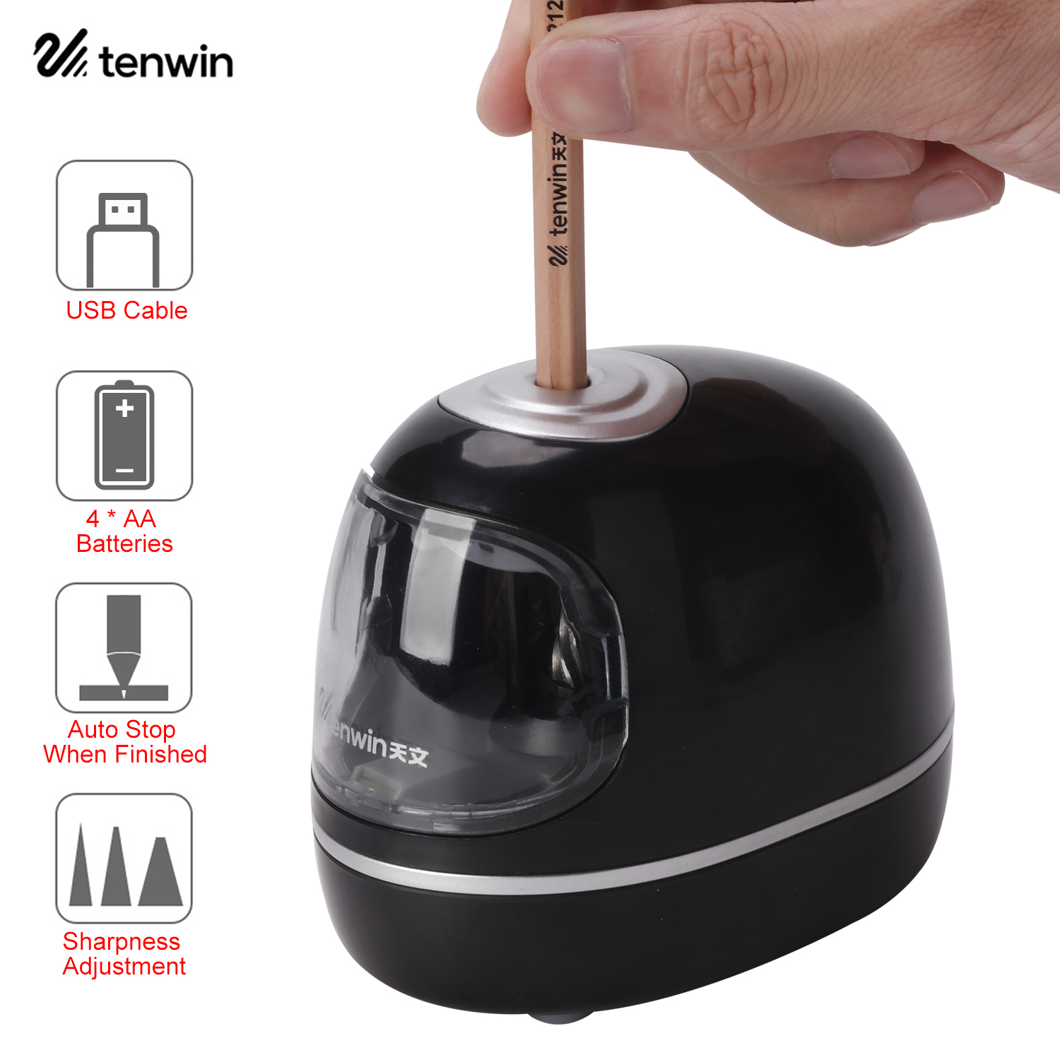 tenwin Portable Electric Pencil Sharpener Durable Helical Blade Black