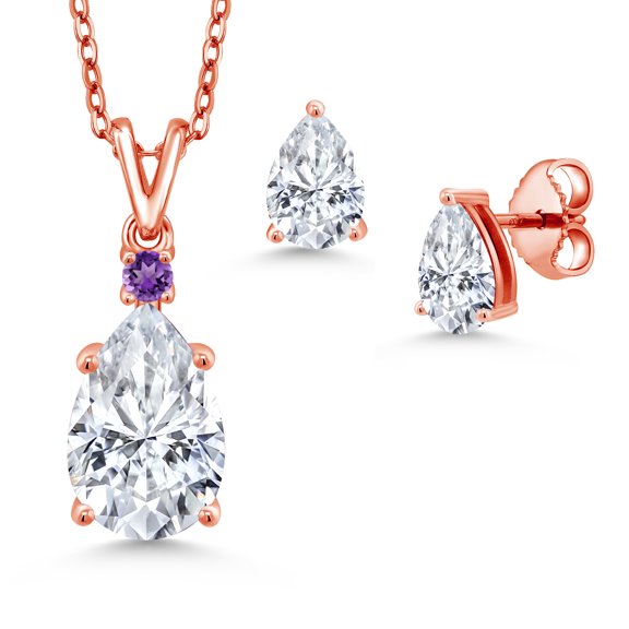 Gem Stone King 18K Rose Gold Plated Silver White Moissanite and Purple Amethyst Pendant and Earrings Jewelry Set for Women | 4.47 Cttw | Pear Shape 12X8MM and 7X5MM | with 18 inch Chain