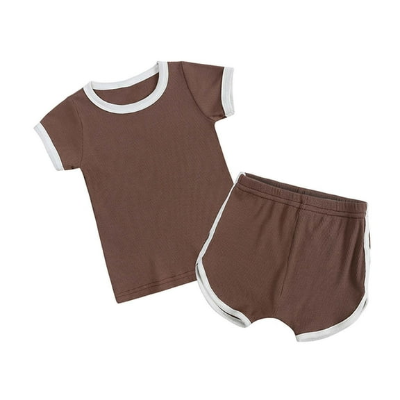 Odeerbi Baby Boy Girl Clothes Toddler Outfit Summer Ribbed Short-sleeved Top Shorts Two-piece Set Coffee