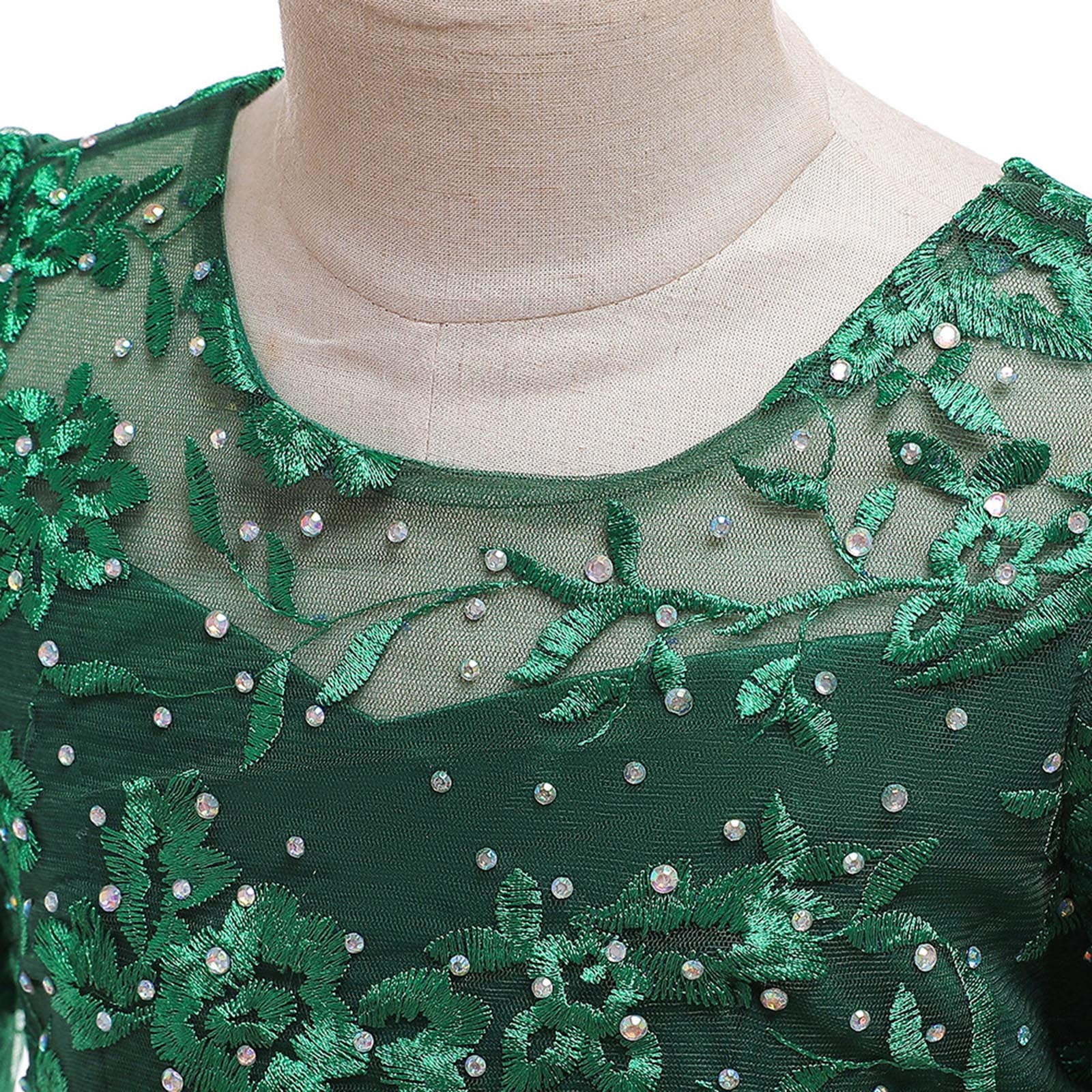 JSGEK Girls Applique Tulle Lace Long Sleeve Dress Princess Wedding Birthday Pageant Party Communion Prom Long Maxi Ball Gown Green 7 Years