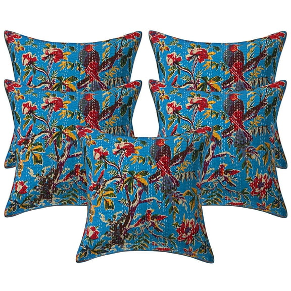Stylo Culture Ethnic Settee Sofa Throw Pillow Covers 16x16 Kantha Turquoise Printed 40 x 40 cm Bedroom Decor Pillowcase Cotton Bird Square Cushion Covers | Set Of 5
