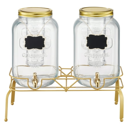 KFFKFF 2 Pack 2-Gallon Glass Beverage Dispensers with Metal Stand, Stainless Steel Spigot, and Infuser – Ideal for Serving Iced Tea, Lemonade, Juice, or Water at Events and Gatherings